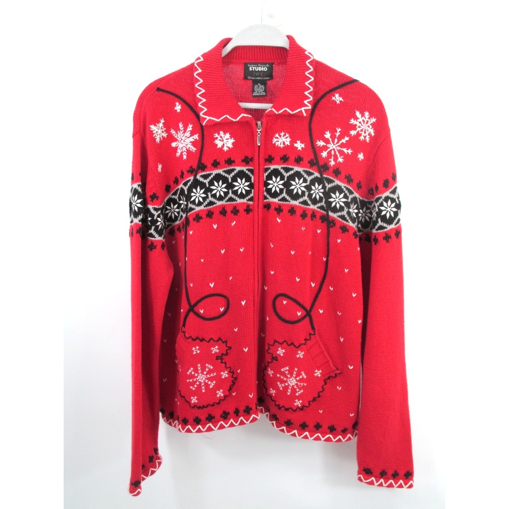 STUDIO JOY Cardigan Holiday Sweater Women XL Red Winter Zip Up Christmas Vintage